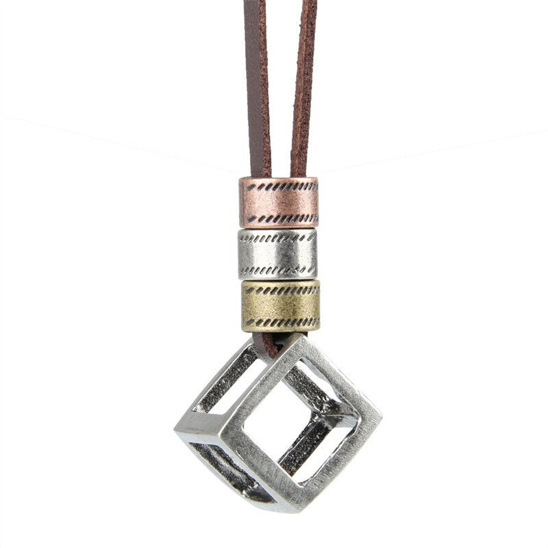 Skhek Vintage Three-color Small Circle Hollow Cube Pendant Necklace for Men Fashion Punk Gothic Leather Rope Necklaces Jewelry Gifts