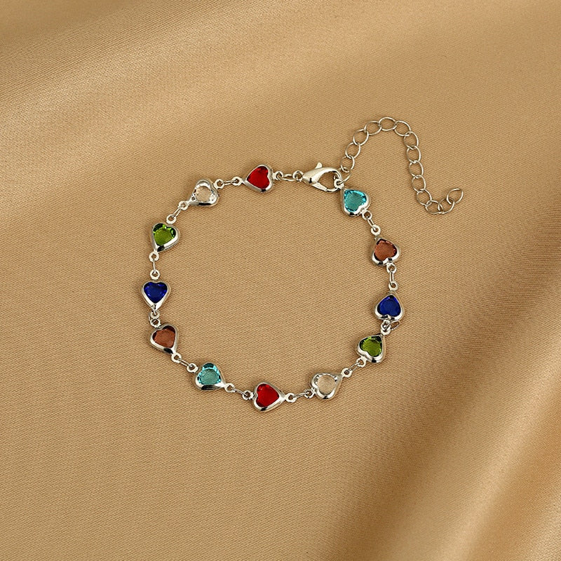 Skhek Exquisite Colorful Heart Bracelet For Women Charm Korean Crystal Zircon Metal Chain Bracelets&Bangle Party Birthday Jewelry Gift