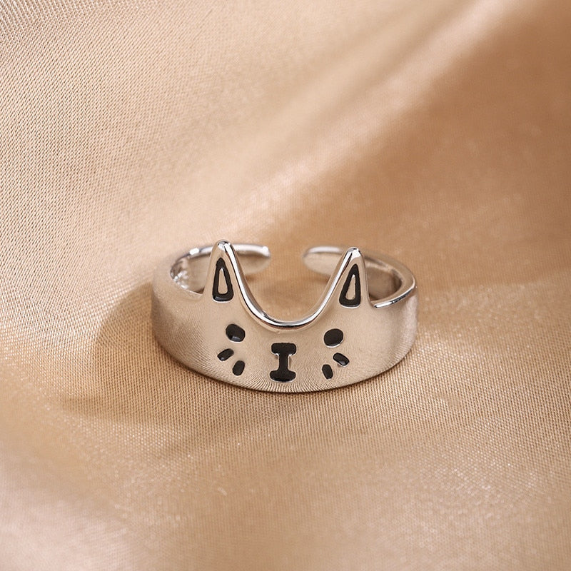 Skhek Silvery Plated Cute Cat Ear Ring for Women Girl Fashion Cat's Paw Opening Finger Ring Party Birthday Jewelry Accessories GIfts