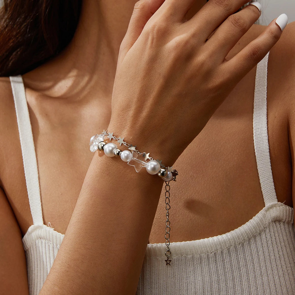 SKHEK Crystal Star Pentagram Pearl Beaded Bracelet for Women Vintage Aesthetic Charm Double Layer Chain Bracelet Jewelry Gift
