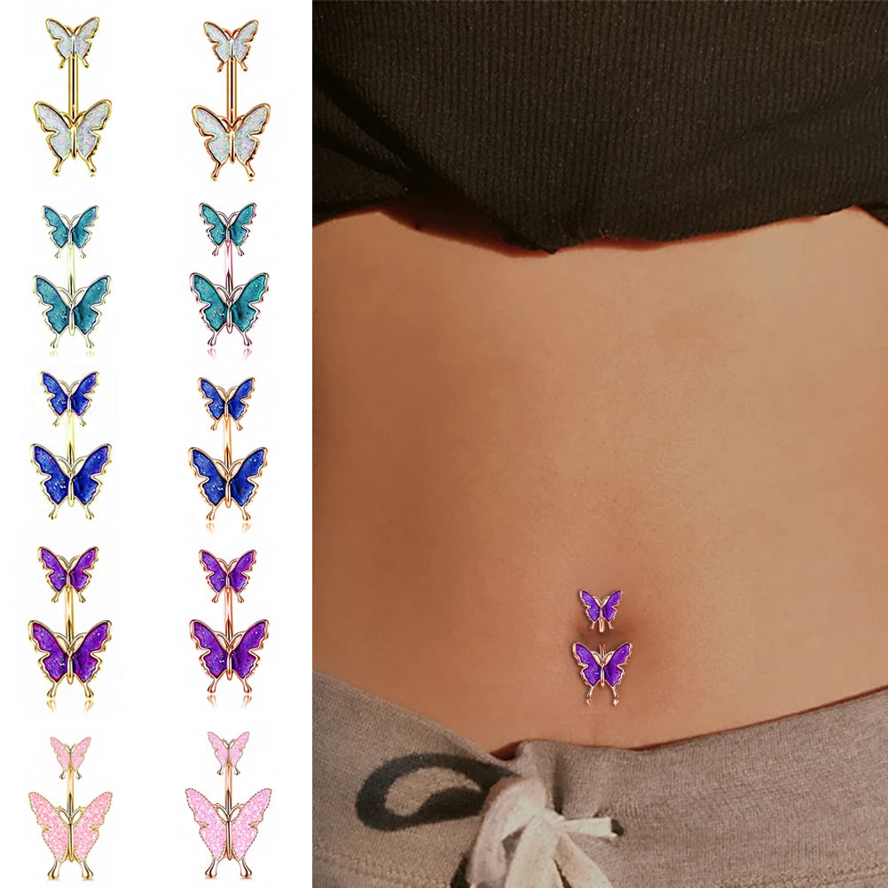 Skhek 1Pc Cute Butterfly Stainless Steel Navel Piercing Shiny Dance Belly Rings Body Piercing Jewelry Belly Button Ring for Women Girl