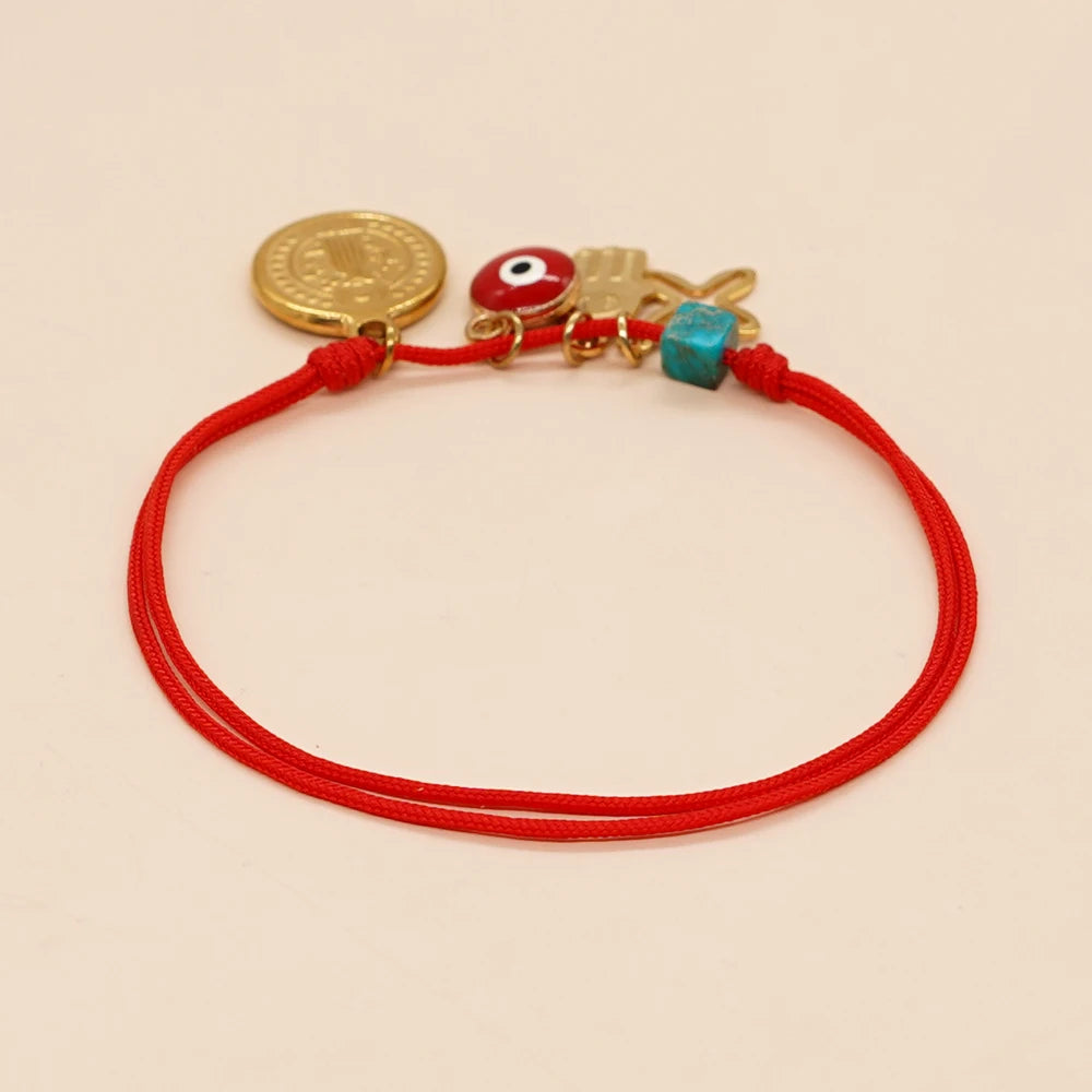 Skhek Simple Red Rope Charm Bracelets Turkish Evil Eye Luck Coins Bracelet Handmade Jewelry Accessories Adjustable Bangle