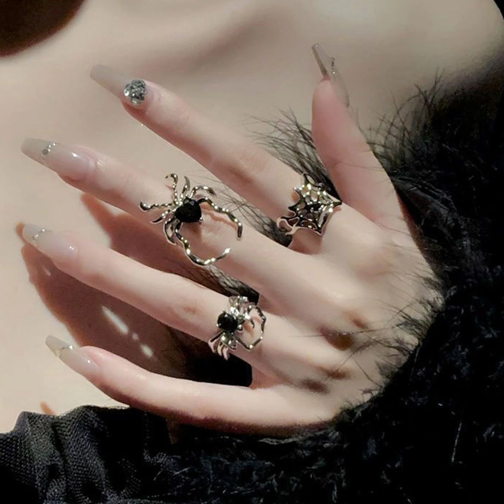 Skhek Hip Hop Gothic Punk Irregular Spider Webs Zircon Opening Ring Women Black Crystal Dark Animal Rings Fashion Party Finger Jewelry