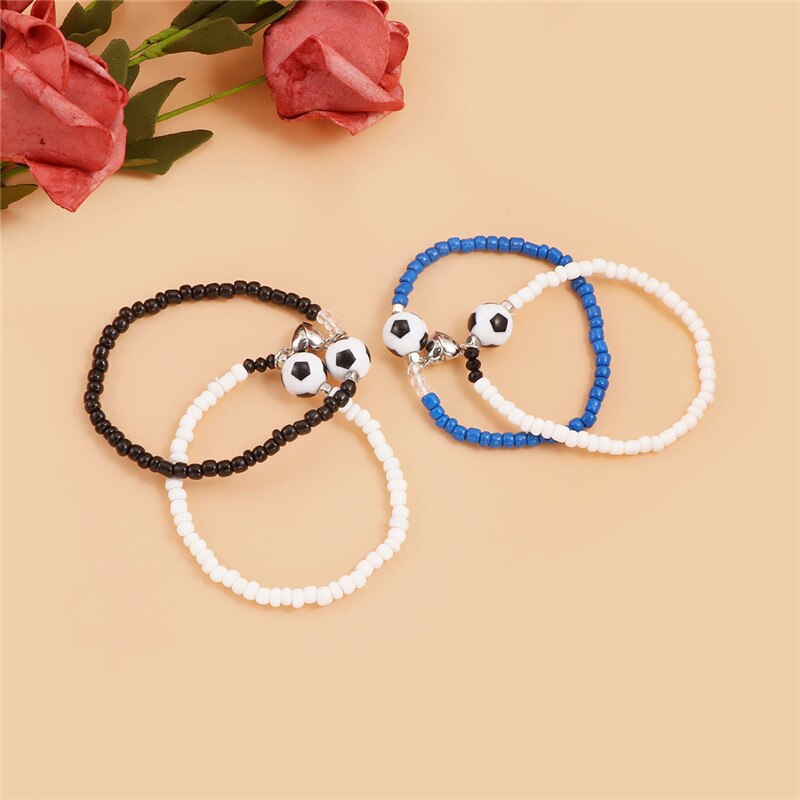 Skhek 2Pcs/Set Football Magnetic Heart Couple Bracelet for Women Men Rice Beads Beaded Matching Bracelets Lover Sport Jewelry Gift