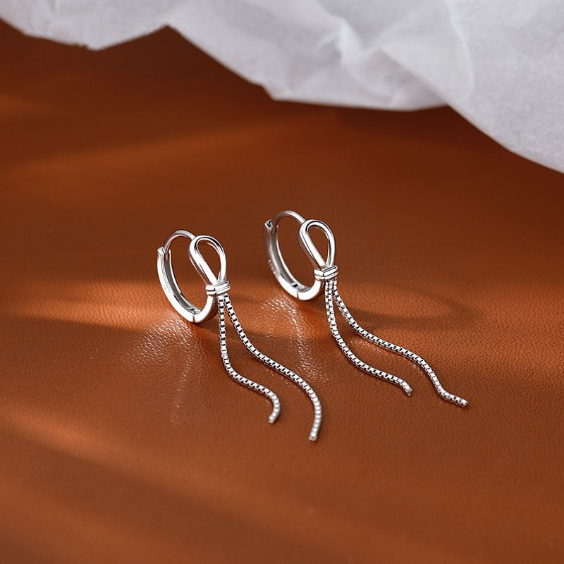 Skhek Minimalist Genuine 925 Sterling Silver Fashion Box Chain Tassel Hoops Earrings For Women Wedding Jewelry Gift