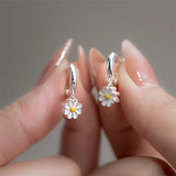 SKHEK 2023 New Daisy Flower Pendant Hoop Earrings For Women Korean Sweet Cute Hanging Earrings Girl Wedding Party Jewelry Gift