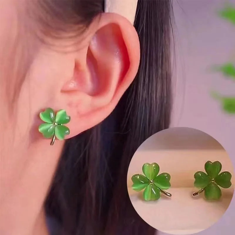 SKHEK The new fashion four-leaf Clover Cat's eye stone earrings small exquisite earrings temperament