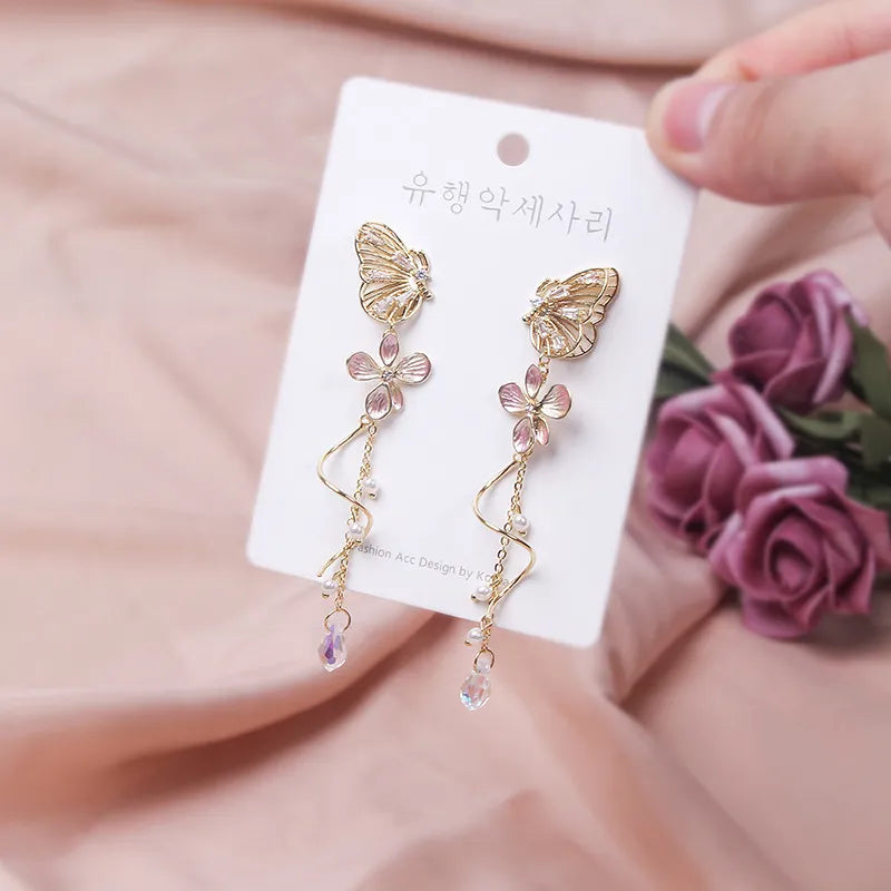 Skhek Korean Elegant Butterfly Earrings For Women Exquisite Crystal Zircon Long Tassel Flower Drop Earrings Girls Temperament Jewelry