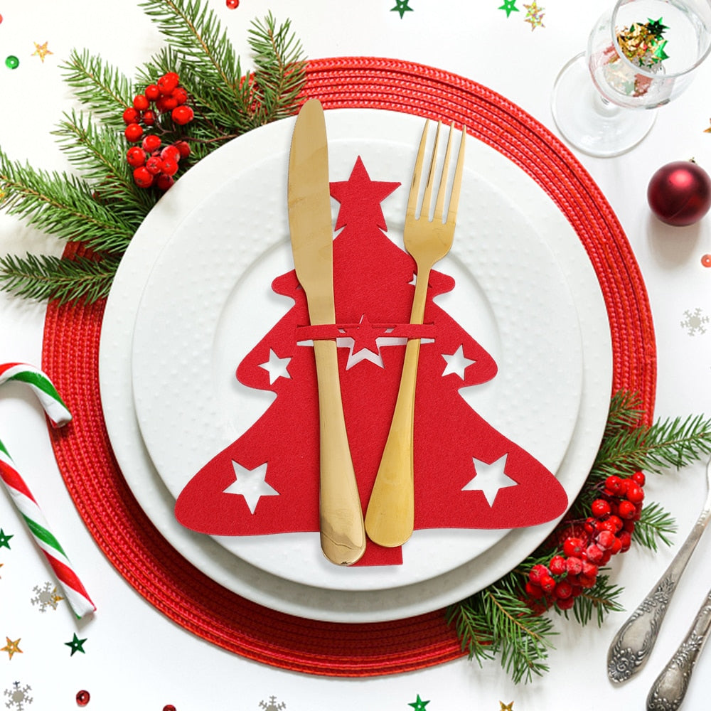 Skhek 4Pcs Felt Christmas Tableware Holder Bags Xmas Tree Snowflake Knife Fork Spoon Holder Set Pockets Cutlery Organizer Bag Decor