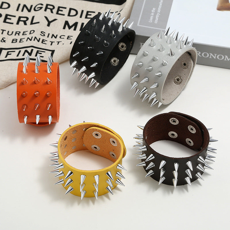 Skhek - Men's Exaggerated Leather Punk Three-row Sharp Cone Bracelets
