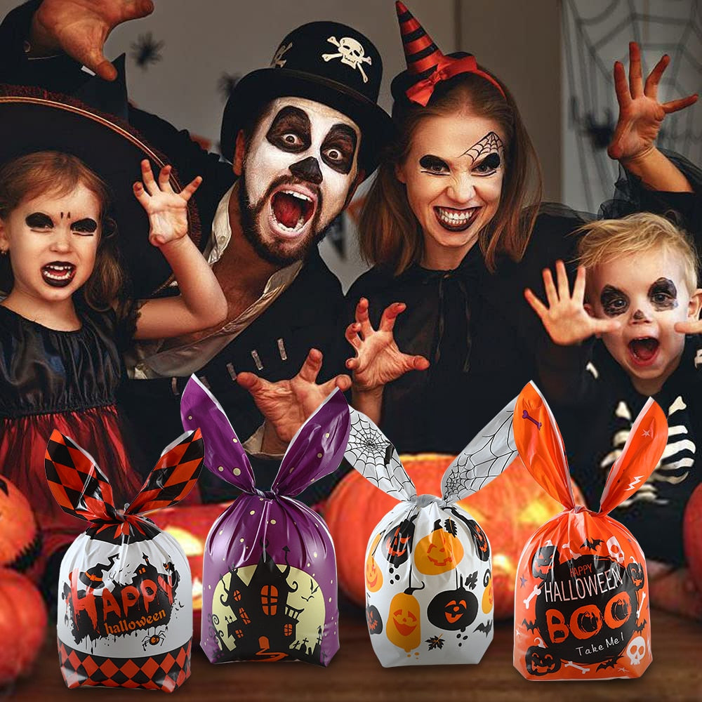 SKHEK 50Pcs Halloween Candy Bags Pumpkin Bat Biscuit Gift Bag Trick Or Treat Kids Favors Supplies Halloween Decoration For Home Indoor