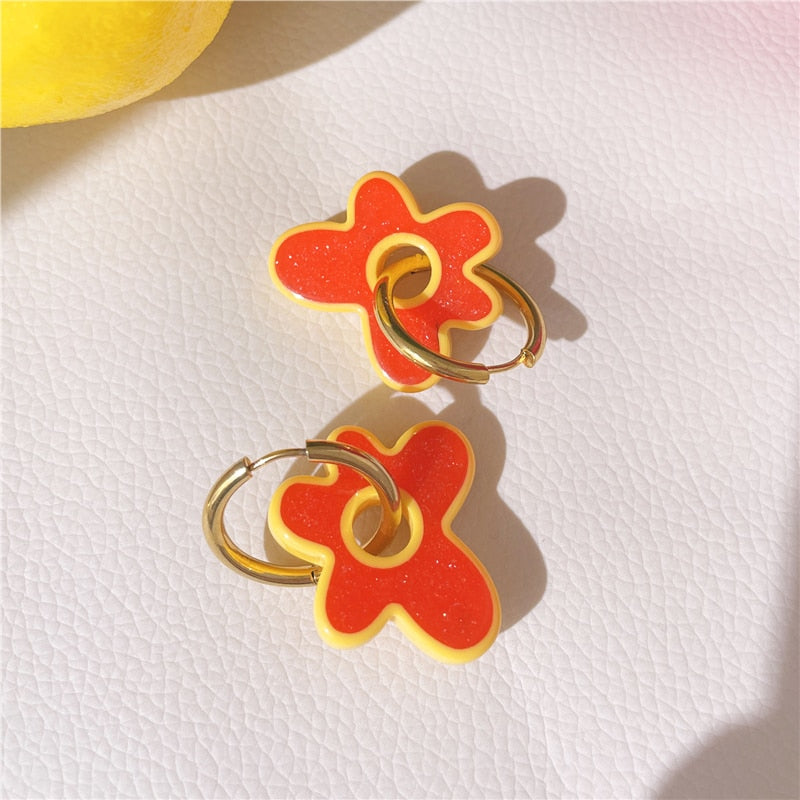 Skhek HUANZHI 2023 Colorful Acrylic Flower Resin Drop Earrings Gold Color Circle Hollow For Women Girls Jewelry Minimalist Gifts