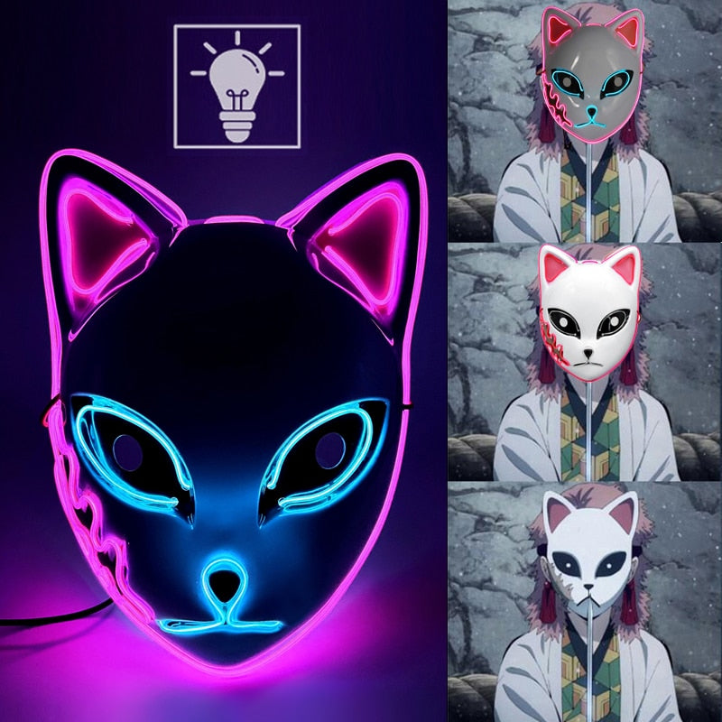 SKHEK Halloween LED Glowing Cat Face Mask Cool Cosplay Neon Demon Slayer Fox Masks For Birthday Gift Carnival Party Masquerade Decor