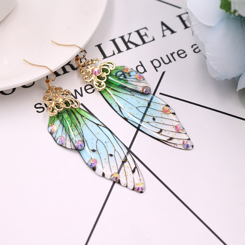 Skhek 2023 Hot Fairy Rainbow Butterfly Gold Color Colorful Wings Drop Dangle Earrings Female Insect Wing Earrings Jewelry