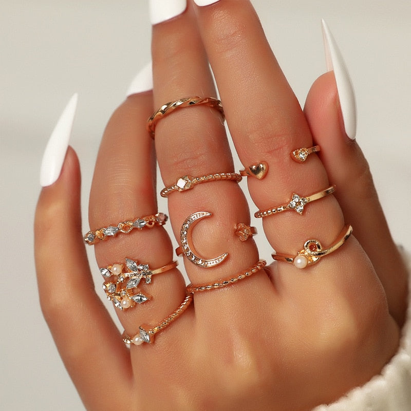 Skhek Moon Star Matching Rings for Women Anillos Mujer Gold Ring Set Bagues Girls Anillo Bohemian Jewellery Slytherin Accessories