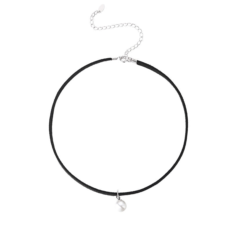 Sterling Alloy Choker Clavicle Chain Black Choker Leather Chain Short Necklace Collar Pearl Pendant Women Fine Jewelry