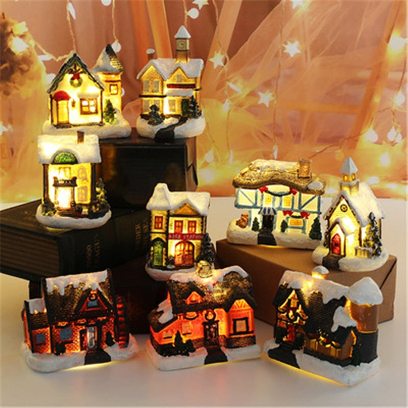 Christmas Gift Creative Retro Resin House Statue Model With LED Light Room Desktop Home Decor New Year 2022 Kids Gift For Christmas Decoration