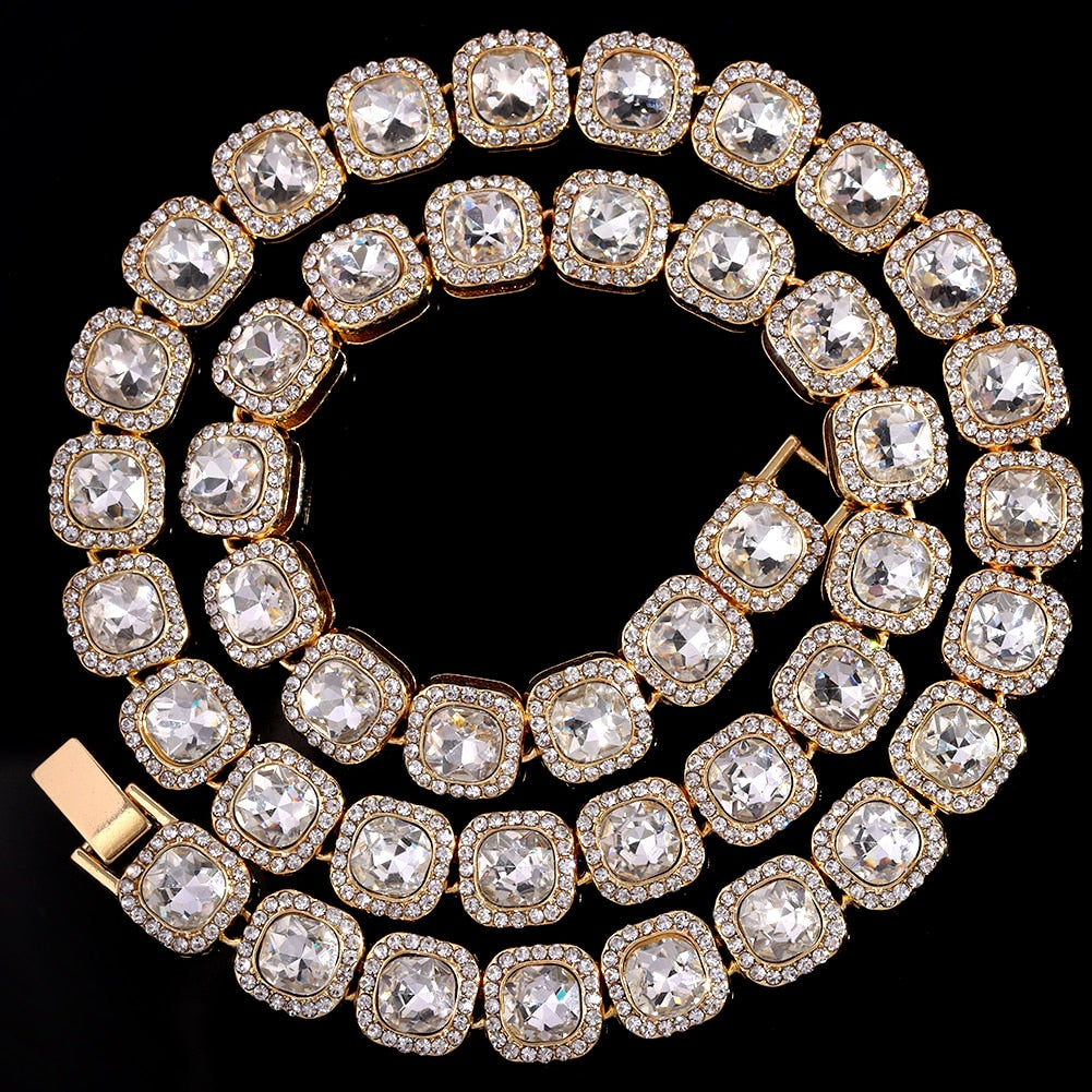Skhek Men 13Mm Hip Hop Big Crystal Tennis Chain Necklace For Women Luxury Bling Square Rhinestone Choker Necklace Punk Fashion Jewelry