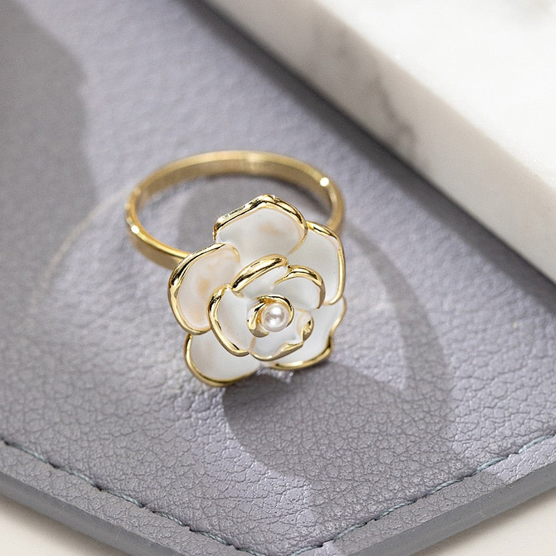 Skhek Retro open ring female Japanese and Korean simple camellia flower small fragrance light luxury oil drop pearl ring