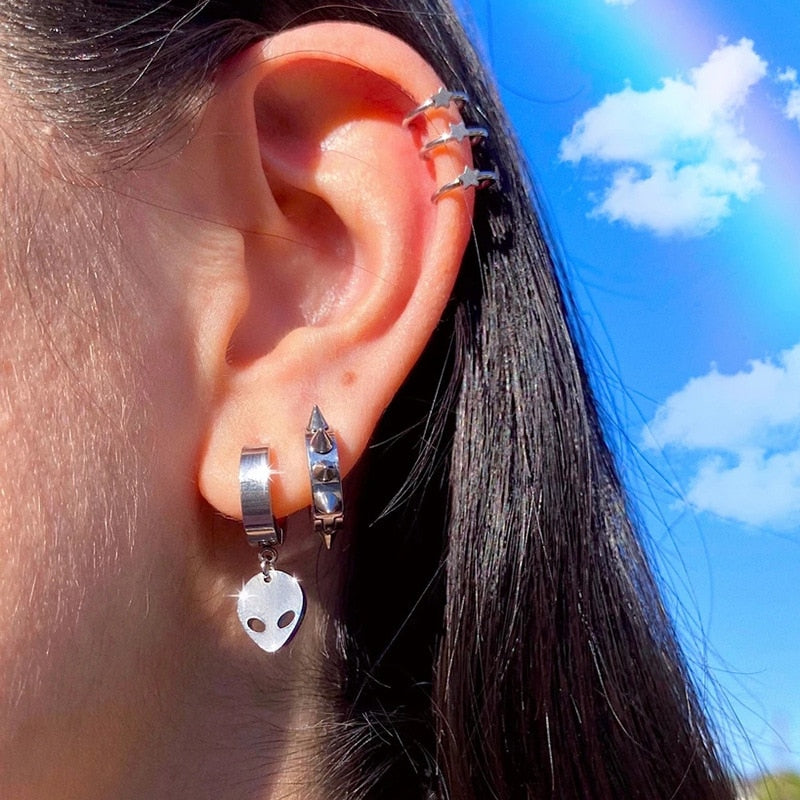 New ins Hip-hop Rock Alien Drop Earrings Full Rhinestone Stainless Steel Ear Buckle Earrings For Women Men Fashion Jewelry