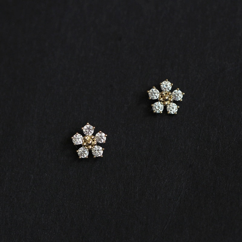 Sterling Alloy Boho Pavé Diamond Small Flower Plating 14k Gold Earrings Women Summer Beach Casual Jewelry Accessories