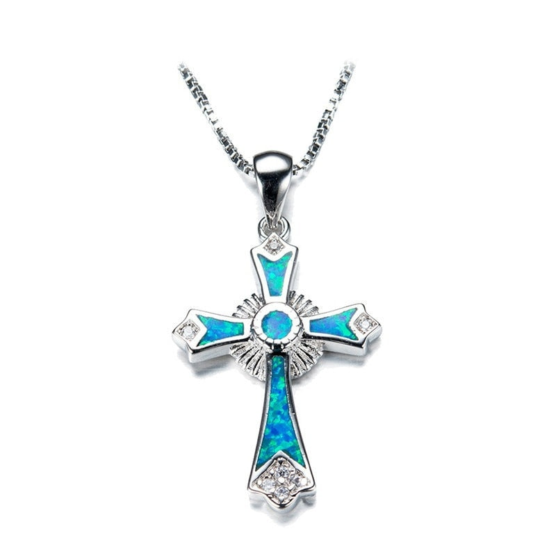Skhek Fashion Necklace Charm White/Green/Blue Imitation Fire Opal Cross Pendants Necklaces For Women/Men Accessories  Jewelry Party Gi