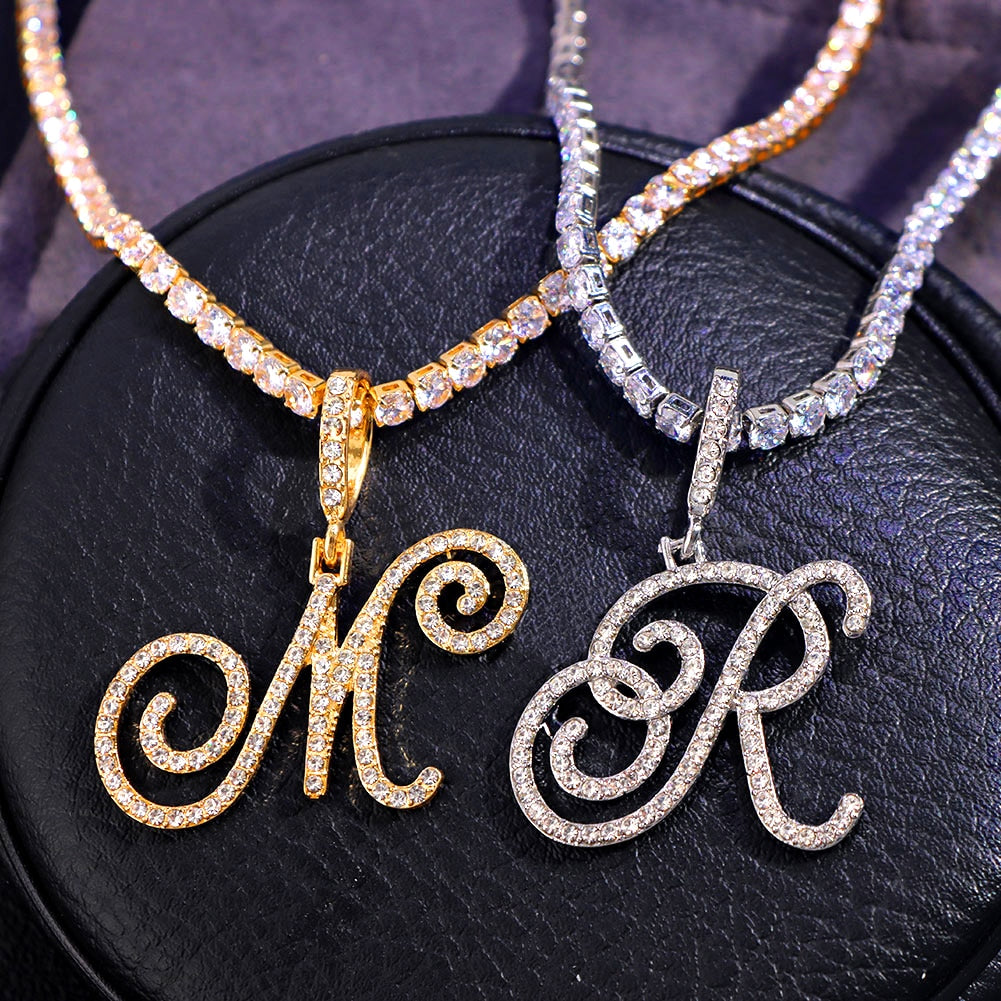 Skhek Bling Crystal Initial Cursive Letters Pendant Zircon Necklace For Women Men Stainless Steel Cuban Chain Necklace Hip Hop Jewelry