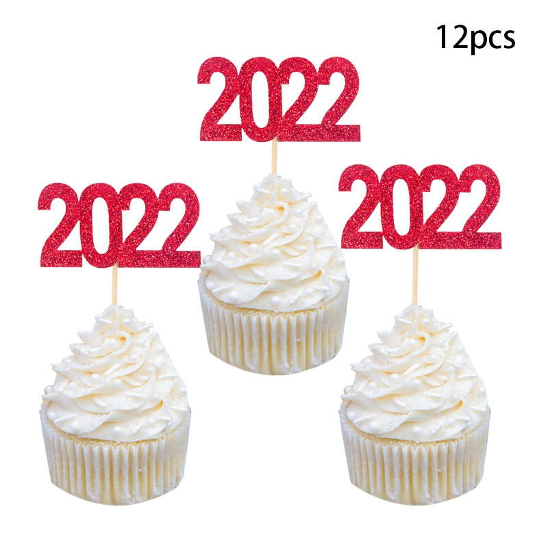 Christmas Gift 12pcs 2022 Cake Topper New Year Party Decoration 2022 Toothpick Christmas Cake Decor Happy New Year Eve Party Cupcake Toppers