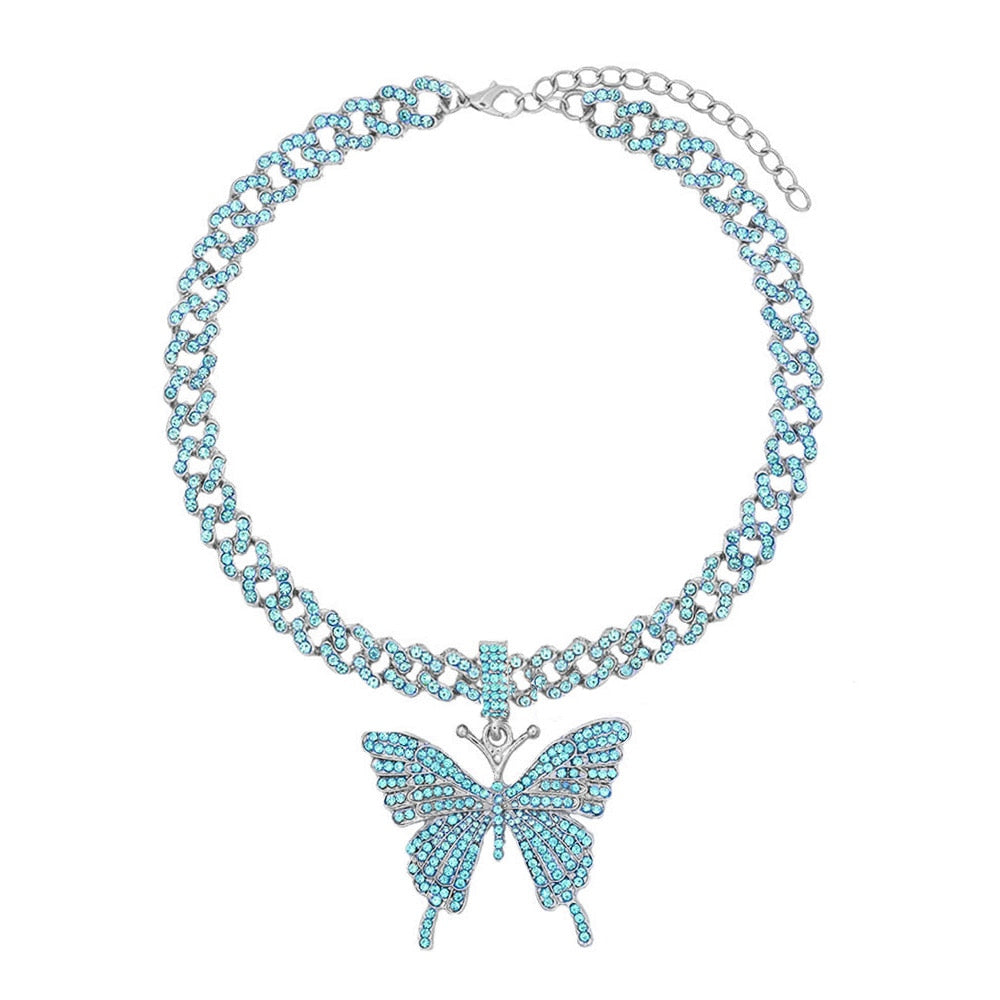 SKHEK Fashion Bling Rhinestone Big Butterfly Pendant Necklace For Women Pink Blue Crystal Cuban Chain Necklace Rapper Rock Jewelry