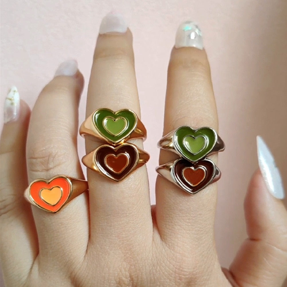 Vintage Sweet Summer Double Love Multicolor Dripping Oil Ring Personality Temperament Woman Jewelry Simple Party Gift