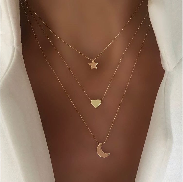New Bohemian Multi Layered Necklace for Women Vintage Charm Portrait Star Moon Gold Pendant Necklace Geometric Collier Collares