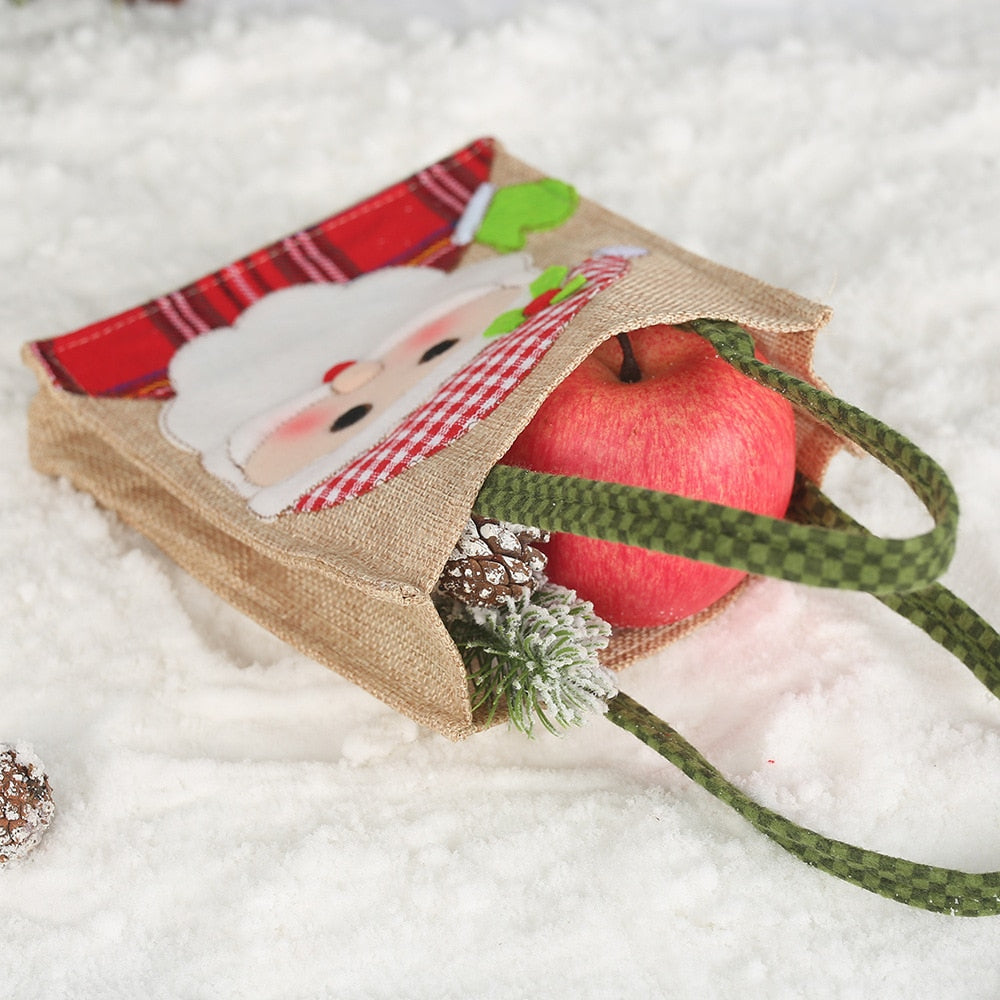 New Christmas Linen Tote Bag Cartoon Candy Bag Christmas Decoration Applique Gift Bag Santa Gift Bag Handbag