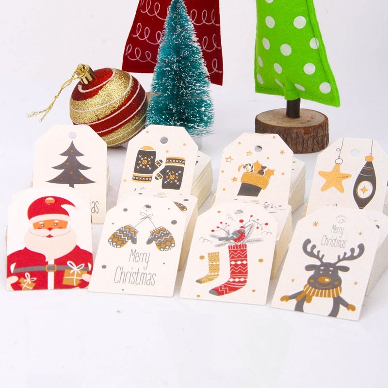 50PCS Santa Claus Paper Cards Merry Christmas Series Paper Hang Tags DIY Kraft Christmas Party Labels Gift Wrapping Supplies
