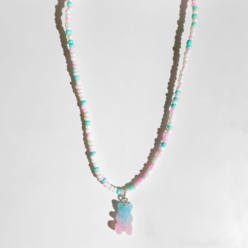 Skhek 2022 New Rainbow Color Resin Gummy Bear Beaded Necklace For Women Girls Handmade Beads Chain Choker Necklace Korean Cute Jewelry