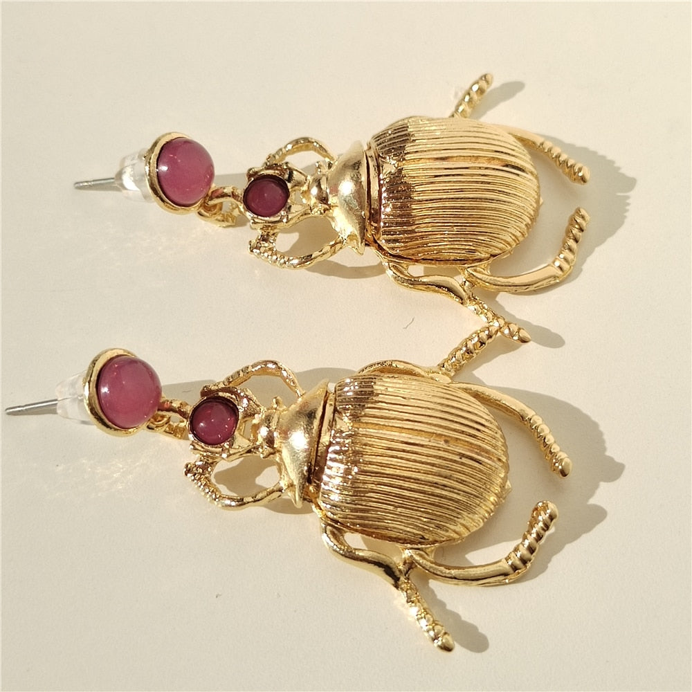 SKHEK Vintage Gold Color Metal Geometric Beetle Insect Drop Earrings For Women Girls Bohemian Jewelry Party Travel 2022