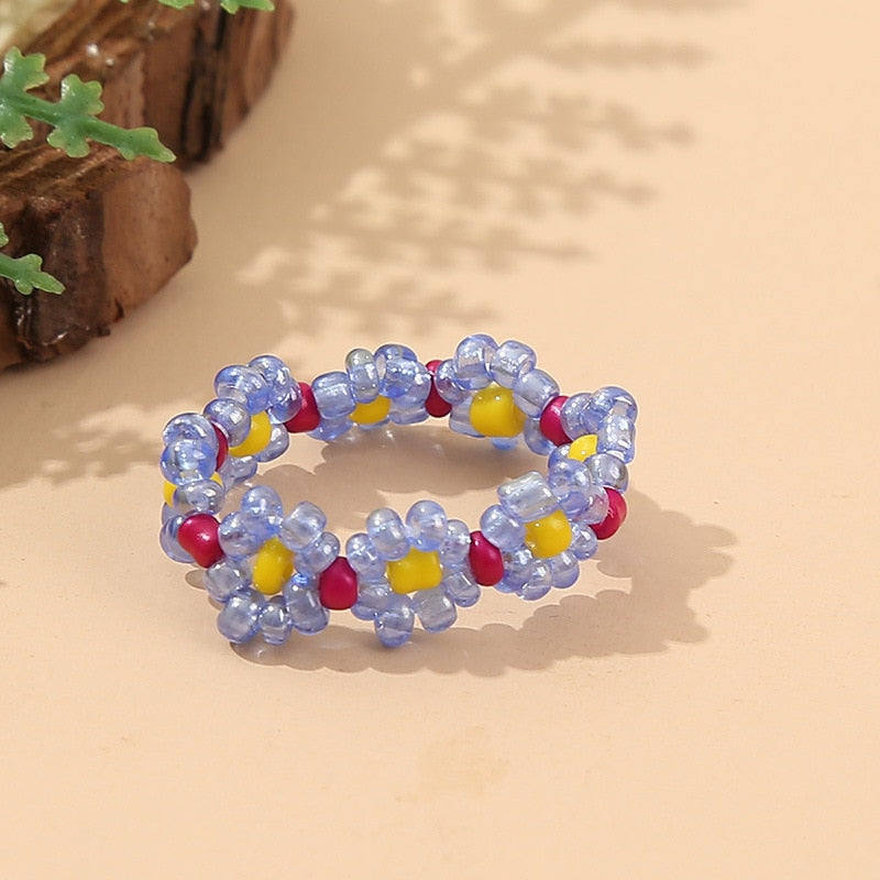 Skhek European and American creative hand-woven flower rice bead ring female bohemian beaded color ring jewelry