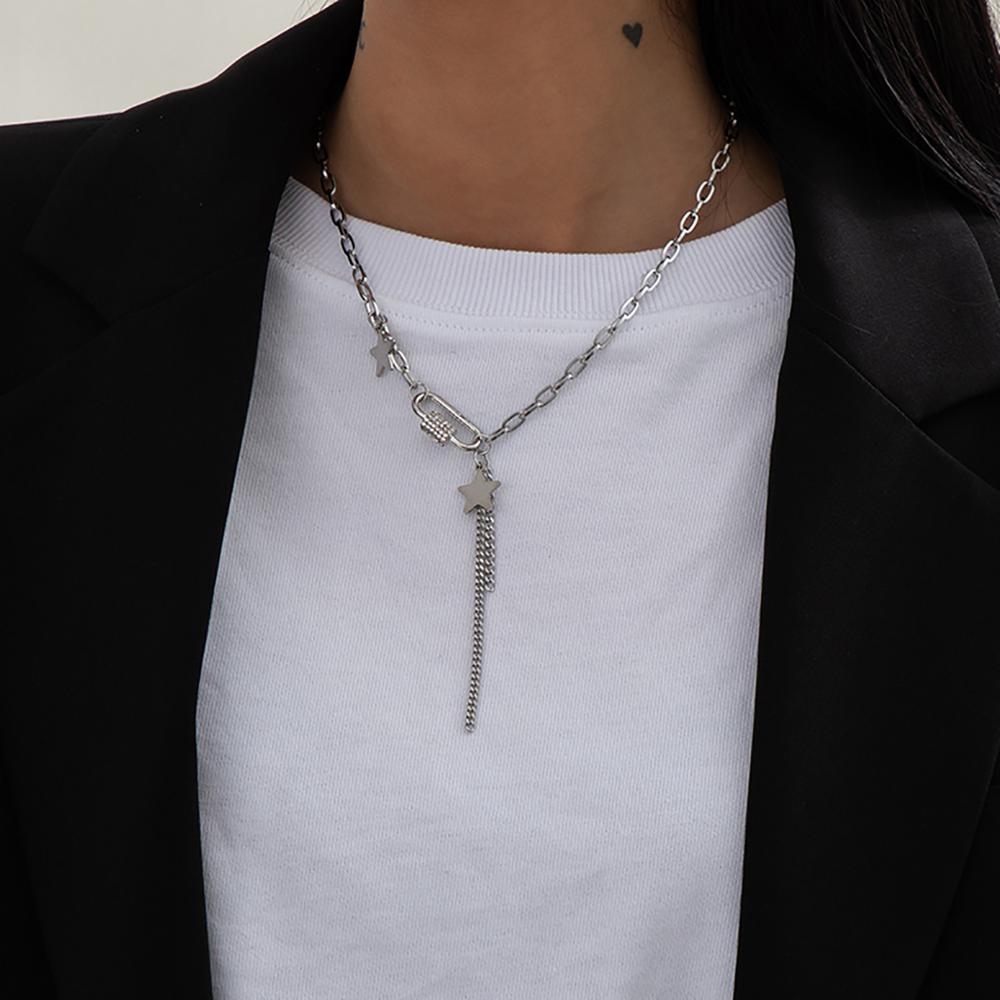 SHIXIN Stainless Steel Chain With Stars/Tassel Pendants Necklace for Women/Men Fashion Rhinestone Necklaces 2020 Korean Jewelry