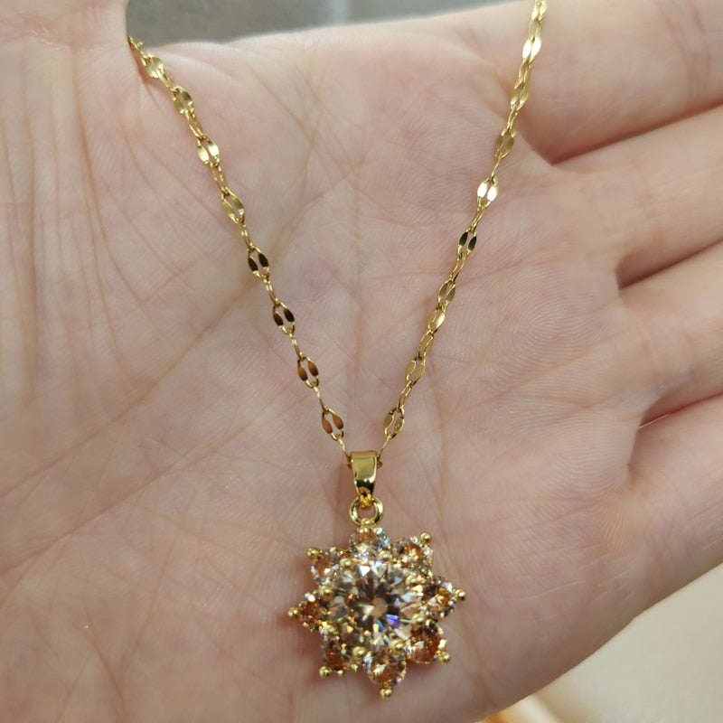 Gold Necklace for Women Zircon Jewelry Pendant Necklace Titanium Steel Peanut Mermaid Heart Butterfly Stainless Steel Sunflower
