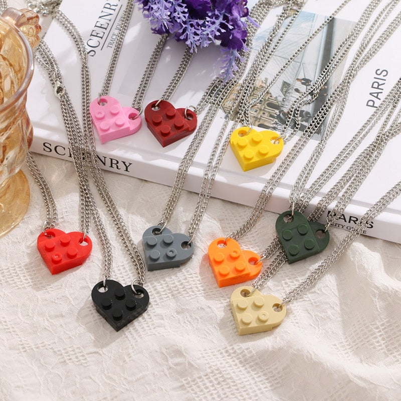 Skhek Punk 2Pcs Heart Brick Couples Love Necklace For Lovers Women Men Lego Elements Friends Necklaces Valentines Gift Jewelry