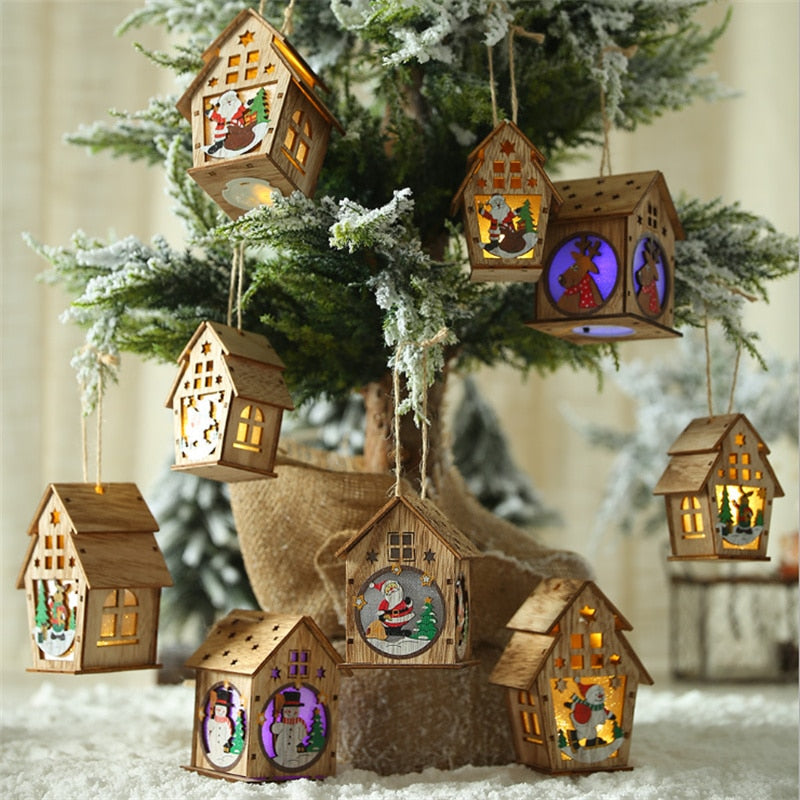 Christmas Wooden Luminous Wooden House Creative Assembly Small House Luminous Color Pendant DIY Party Shop Decoration