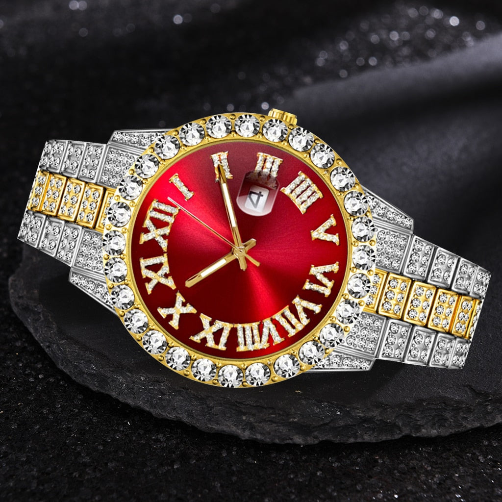Christmas Gift Iced Out Luxury Watch Men Gold Silver Cubic Zirconia Watches Hip Hop Full Diamond Bracelet Stainless Steel Quartz Men's Watch