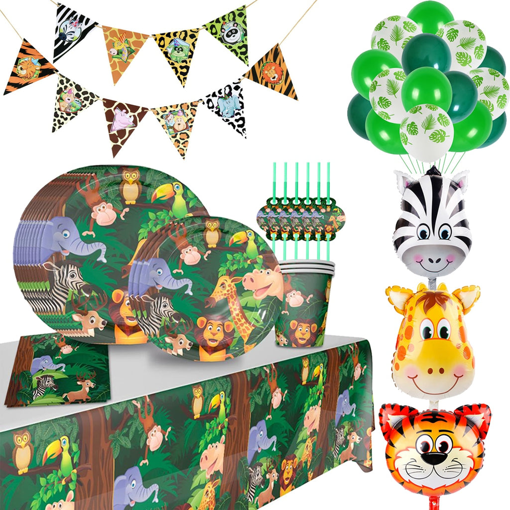 Skhek  Jungle Animal Supplies Tableware Happy Birthday Party Decor Kids Boy Jungle Theme Party Safari Party Decor Green Forest