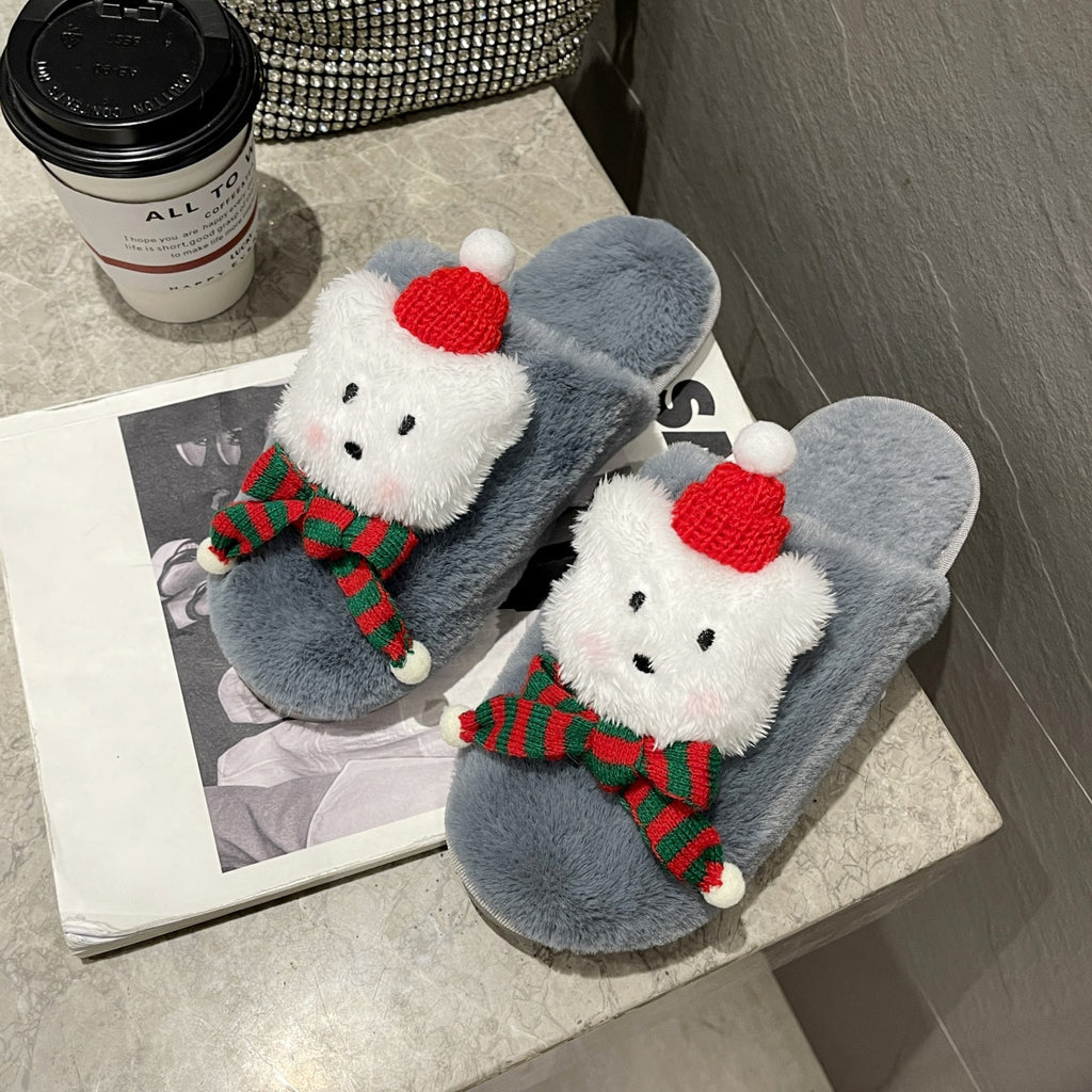 Slippers Women  Autumn and Winter Christmas Plush Slippers Female Cartoon Bear Baotou Home Cotton Slippers