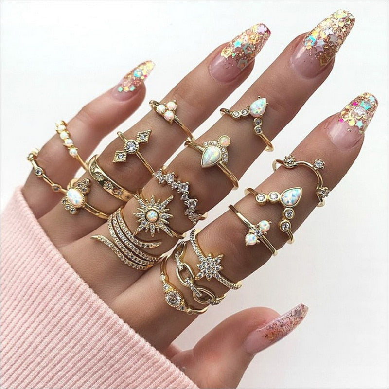 Skhek  Bohemian Geometric Rings Sets Crystal Star Moon Flower Butterfly Constellation Knuckle Finger Ring Set For Women Fashion Jewelry