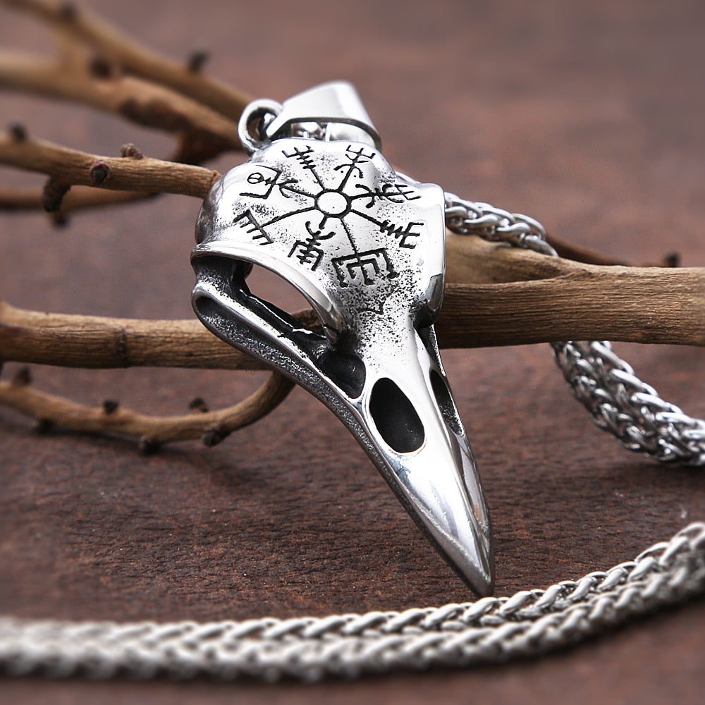 Skhek Vintage Stainless Steel Odin Crow Skull Necklace For Men Punk Viking Crow Compass Necklace Pendant Men Fashion Jewelry Gift