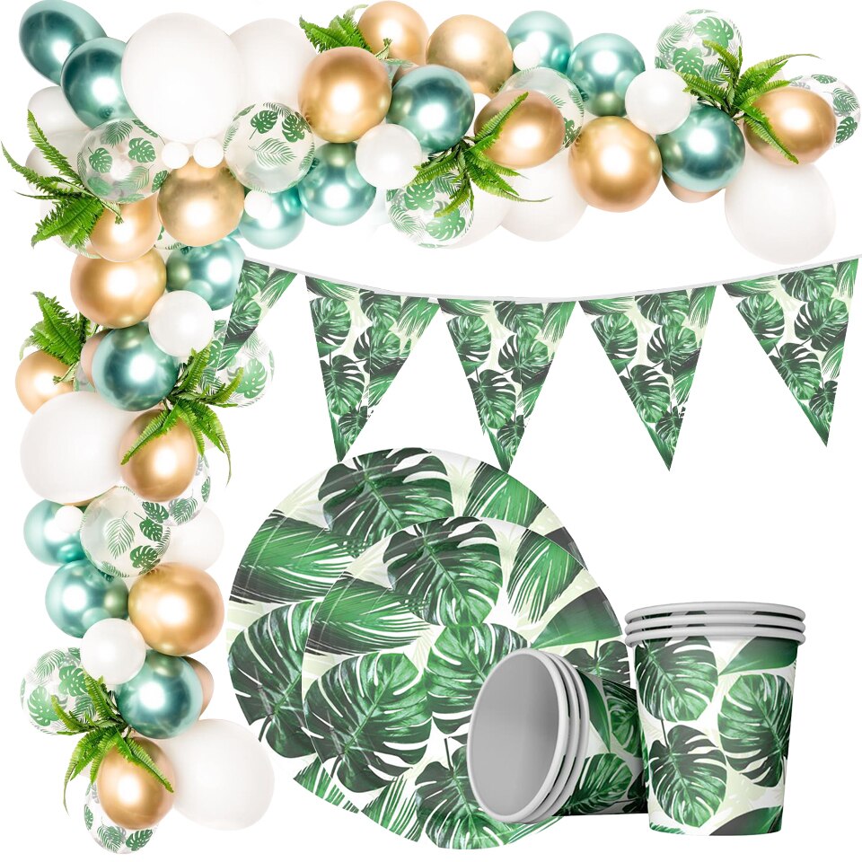Palm Leaf Pattern Balloons Disposible Tableware for Birthday Hawaii Party Supplies Tropical Summer Safari Party Decoration
