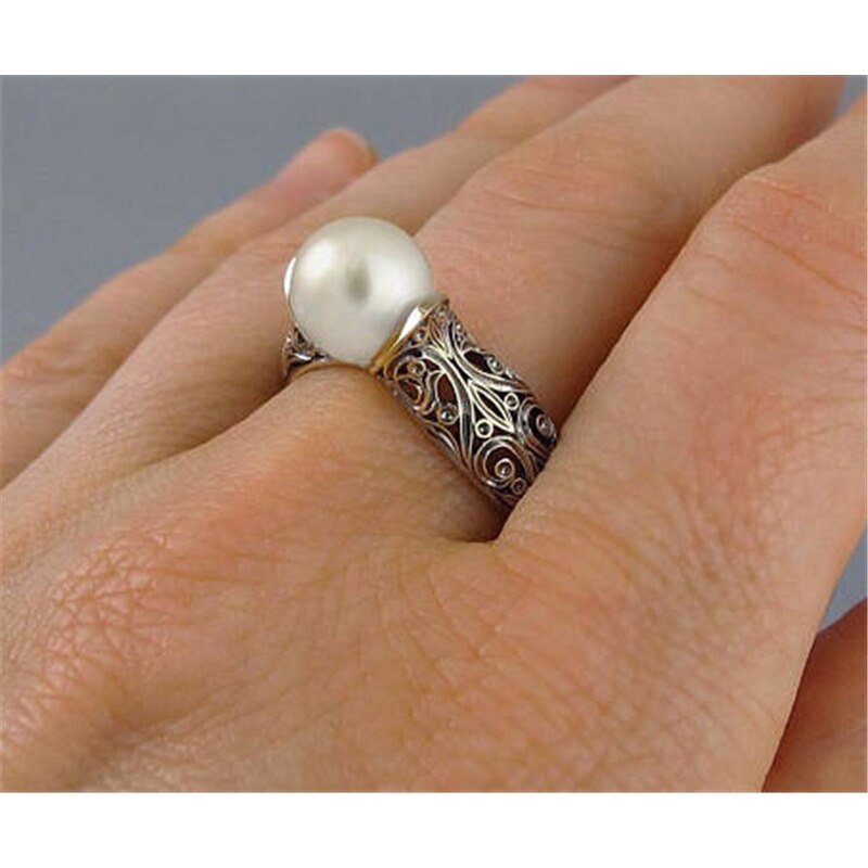 Skhek Fashion Imitation Pearl Ring Jewelry Elegant Vintage Pattern Wedding Ring For Women Accessories Party Women's Rings