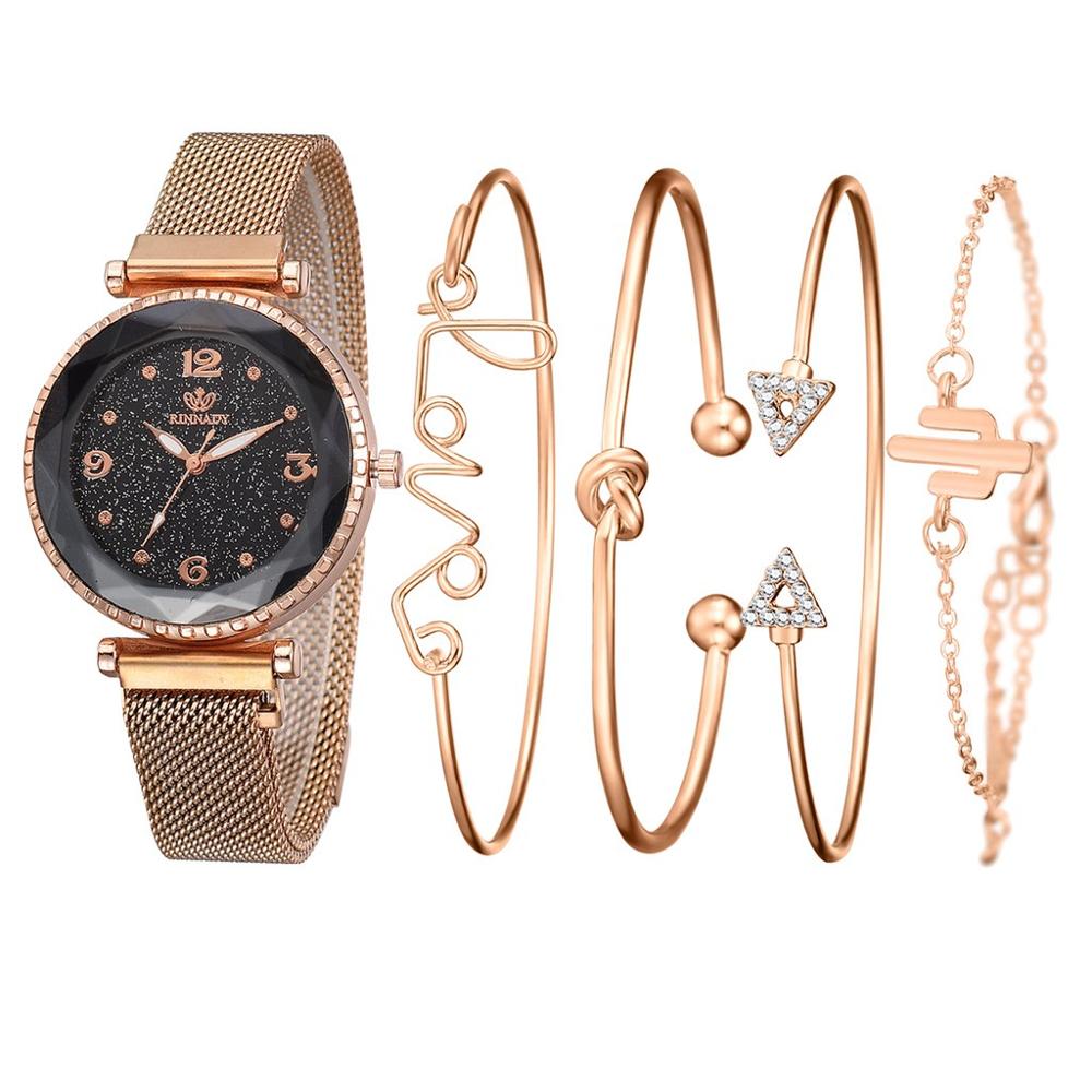 Christmas Gift 5pc/set Luxury Brand Women Watches Starry Sky Magnet Watch Buckle Fashion Casual Female Wristwatch Roman Numeral Simple Bracelet