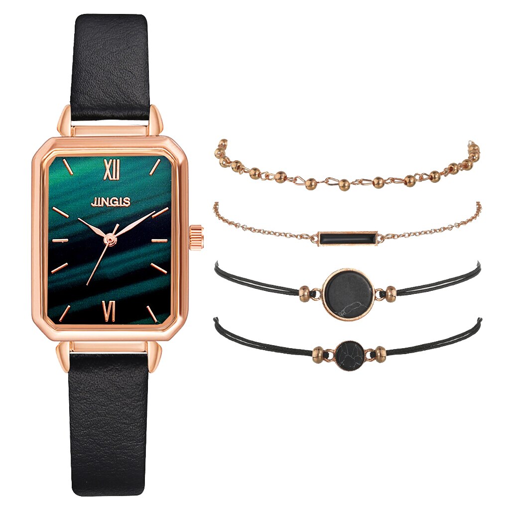 Christmas Gift 5pcs Set Fashion Watch For Women Square Leather Ladies Bracelet Watches Quartz Wrist Watch Female Black Clock Reloj Dropshipping