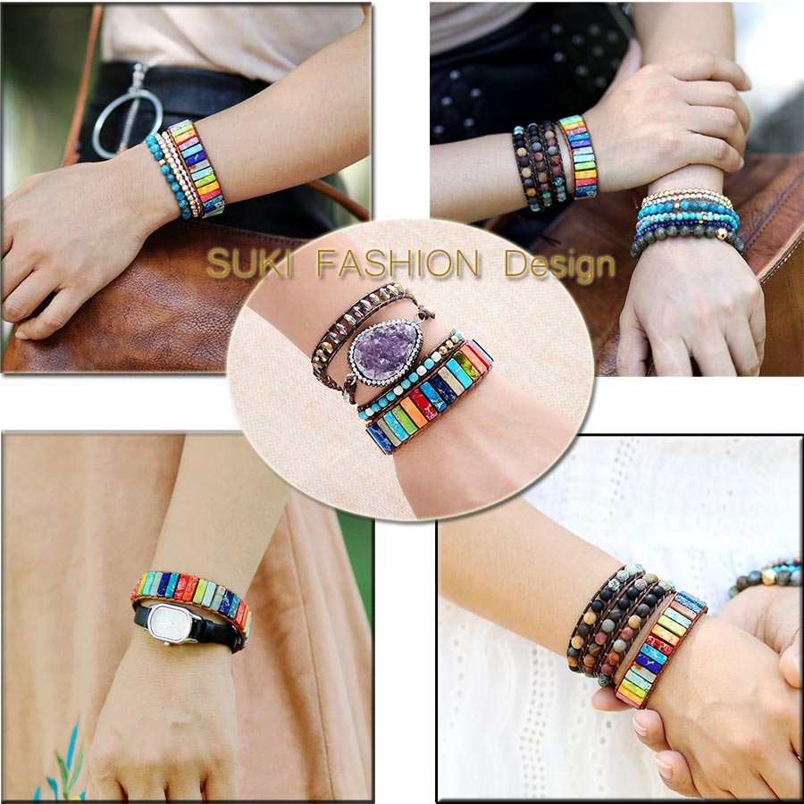 Skhek Chakra Bracelet Jewelry Handmade Multi Color Natural Stone Tube Beads Leather Wrap Bracelet Couples Bracelets Gifts
